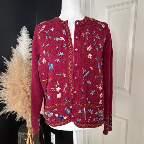Vintage All Points Floral Embroidered Snap front Cardigan Sweater 
size Large - Picture 6 of 12